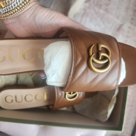 Gucci Shoes - Gucci Brown Quilted Leather GG Logo Slide Sandals